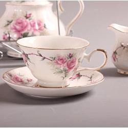 ufengke 15 Piece European Bone China Coffee Cup Set, Ceramic Porcelain Tea Cup Set with Metal Holder, Tea Gift Sets, Pink Camellia Painting