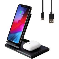 Wireless Charger, Fast Wireless Charging Stand, 2-in-1 Wireless Charging Station Dock for iPhone 12/11/Pro/Max/X/Xs/XR/AirPods2, Samsung Galaxy Note/Watch/Buds