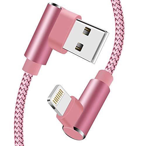 MFI 90 Degree iPhone Charger 10 FT Lightning Cable 3 Pack Right Angled Brided iPhone Charging & Syncing Cord for iPad/iPhone XS/Max/XR/X/8/7/6/iPod(Pink,10ft)