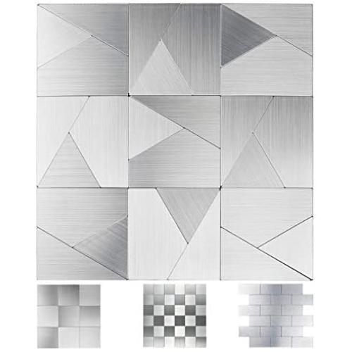 Art3d Peel and Stick Metal Backsplash Tile, Brushed Stainless Steel in Triangle Jigsaw, Pack of 10 Tiles 12''x12''