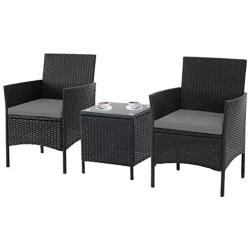 SOLAURA 3-Piece Outdoor Bistro Table Set Patio Furniture Chairs Black Wicker Conversation Chairs with Glass Coffee Table for Garden, Porch, Lawns, Poolside (Grey Cushion)