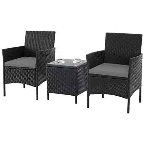 SOLAURA 3-Piece Outdoor Bistro Table Set Patio Furniture Chairs Black Wicker Conversation Chairs with Glass Coffee Table for Garden, Porch, Lawns, Poolside (Grey Cushion) SOLAURA 3-Piece Outdoor Bistro Table Set Patio Furniture Chairs Black Wicker Conversation Chairs with Glass Coffee Table for Garden, Porch, Lawns, Poolside (Grey Cushion)