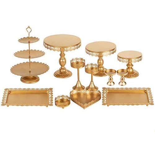 Set of 12 Pieces Golden Cake Stand and Pastry Trays Metal Cupcake Holder Fruits Dessert Display Plate for Baby Shower Wedding Birthday Party Celebration