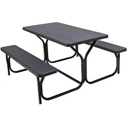 Giantex Picnic Table Bench Set Outdoor Camping All Weather Metal Base Wood-Like Texture Backyard Poolside Dining Party Garden Patio Lawn Deck Large Camping Picnic Tables for Adult (Black)