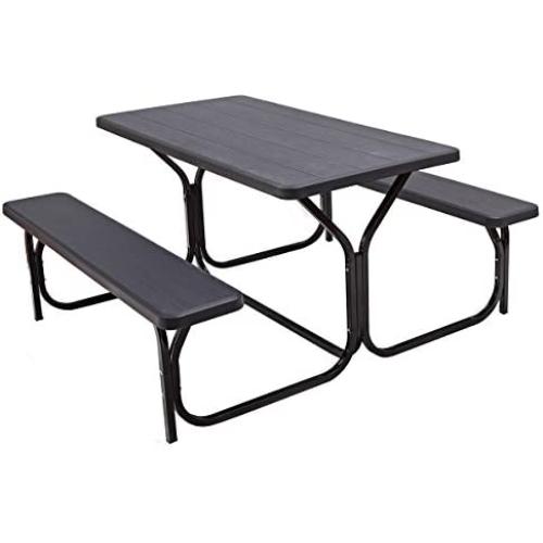 Giantex Picnic Table Bench Set Outdoor Camping All Weather Metal Base Wood-Like Texture Backyard Poolside Dining Party Garden Patio Lawn Deck Large Camping Picnic Tables for Adult (Black)