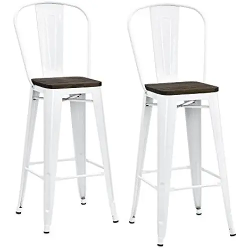 DHP Luxor 30'' Metal Wood Seat, White, Set of 2 Bar Stool DHP Luxor 30'' Metal Wood Seat, White, Set of 2 Bar Stool