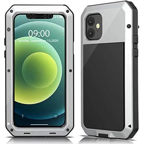 Mangix Compatible with iPhone 12 Case and iPhone 12 Pro Case (2020), Built-in Glass Screen Protector Military Grade Drop Shock Protection Metal Bumper for Apple iPhone 12/12 Pro 6.1''(Silver)
