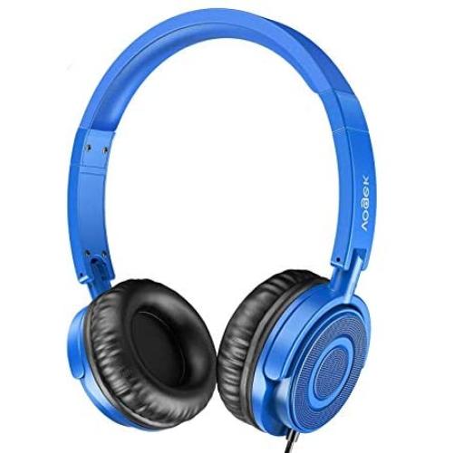 Kids Headphones with Microphone, Vogek Portable Foldable Headsets with Safe Volume Limited 94dB, Online Schooling Boys Headphones with Adjustable Headband for Home School Travel, Blue