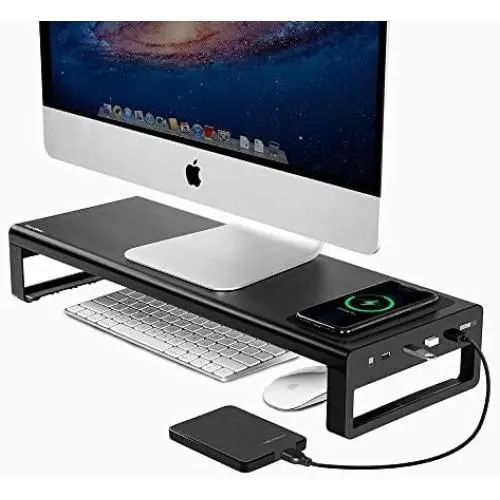 Vaydeer USB3.0 Wireless Charging Aluminum Monitor Stand Riser Support Transfer Data and Charging,Keyboard and Mouse Storage Desk Organizer up to 27inch for Computer MacBook PC (Black）