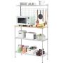 TOOLF Standing Bakers Racks with Wood Table, Kitchen Microwave Oven Stand, 4-Tier Metal Utility Storage Shelf with Mesh Panel, 6 Hooks, Height Adjustable Free Standing Rack for Kitchen, Garage