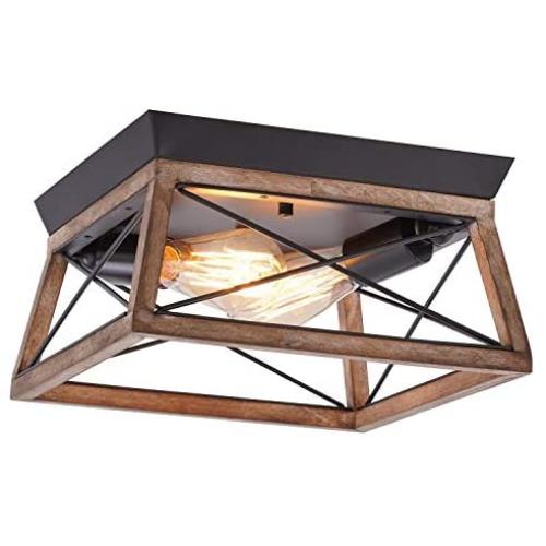 Eyassi Wooden Flush Mount Ceiling Light, 2-Lights Black Metal Farmhouse Close to Ceiling lamp Wood Industrial Lighting Fixtures for Living Room Kitchen Island Bedroom Hallway Entryway Closet Laundry