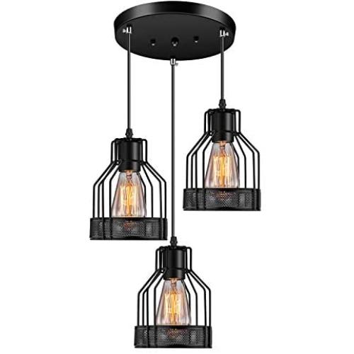 Industrial Pendant Lighting Licperron E26 Base Edison Metal Caged Vintage Hanging Pendant 3-Lights Rustic Pendant Light Fixture for Kitchen Dining Room Bar Hotel