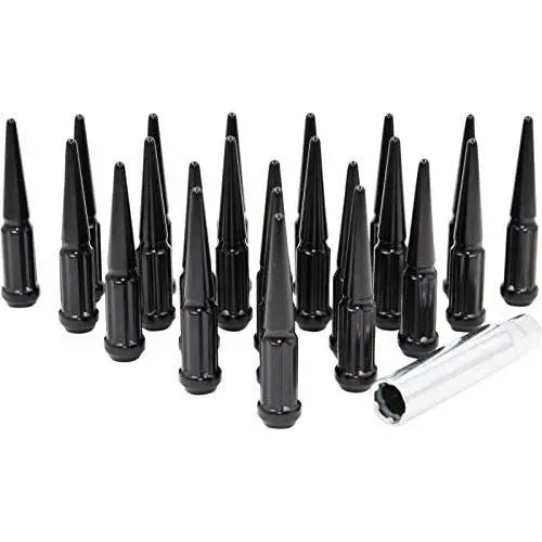 Wheel Accessories Parts Set of 24 Black Spiked Solid Metal Lug Nuts M12x1.5 Thread 4.4 Inch Tall Closed End Bulge Acorn Spike Lug Nut 1 Long Socket Key