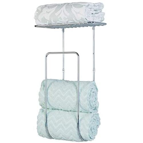 mDesign Modern Decorative Metal Wall Mount Towel Rack Holder Organizer with Shelf for Storage of Bathroom Towels, Washcloths, Hand Towels - Large - Chrome