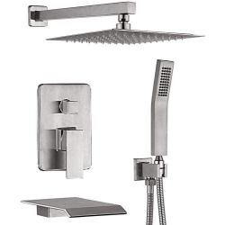 CHING Shower System Brushed Nickel Wall Mounted Shower Faucet Set with Waterfall Tub Spout and 10 Inch Rain Shower Head Rain Mixer Shower Faucet Combo Set All Metal (Brushed Nickel 10 Inch)