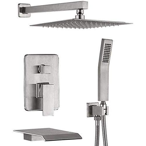 CHING Shower System Brushed Nickel Wall Mounted Shower Faucet Set with Waterfall Tub Spout and 10 Inch Rain Shower Head Rain Mixer Shower Faucet Combo Set All Metal (Brushed Nickel 10 Inch)