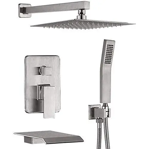 CHING Shower System Brushed Nickel Wall Mounted Shower Faucet Set with Waterfall Tub Spout and 10 Inch Rain Shower Head Rain Mixer Shower Faucet Combo Set All Metal (Brushed Nickel 10 Inch)