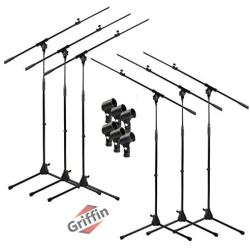 Microphone Boom Stand with Mic Clip Adapter (Pack of 6) by GRIFFIN | Adjustable Holder Mount For Studio Recording Accessories, Singing Vocal Karaoke, Live Stage | Tripod Folding Legs & Telescoping Arm