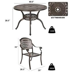 OKIDA 5 Piece Outdoor Cast Aluminum Patio Dining Set, Conversation Furniture Set for Patio Deck Garden with 4 Chairs and Round Table, Umbrella Hole, Flora and Lattice Design