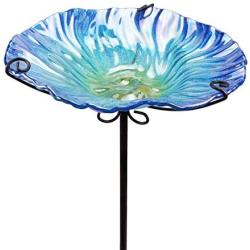 MUMTOP 26 Inch Height Glass Birdbath Birdfeeder with Metal Stake Garden Outdoor Blue