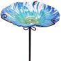 MUMTOP 26 Inch Height Glass Birdbath Birdfeeder with Metal Stake Garden Outdoor Blue