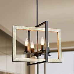 TZOE Farmhouse Kitchen Island Pendant Lighting fixtures White Oak Wood Color&Black Metal Finish 4-Light Rustic Chandelier