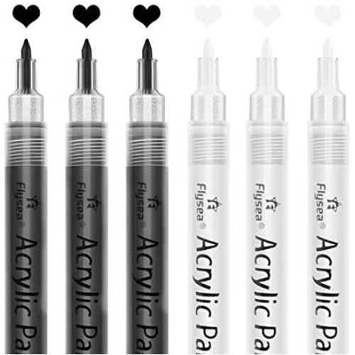 Acrylic Paint Pens ,6 Pack Black White Paint Markers, Paint Pens for Rock Painting Stone Ceramic Glass Wood Plastic Glass Metal Canvas,Drawing, Water-Based Acrylic Paint Sets