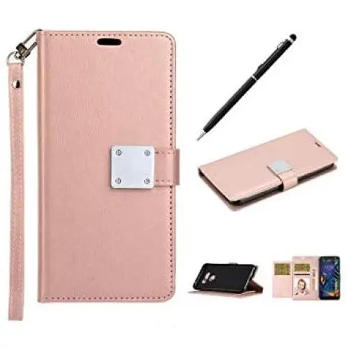 swp for LG Harmony 4 Case, LG Harmony 4 Wallet Case w/Wristlet Magnetic Metal Snap, Folio Flip Leather Cover w/Kickstand [6 Credit Card Slots], Protective Case w/Stylus Pen for K41 (Rose Gold)