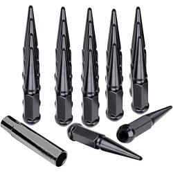 20pc Spike Lug Nut 14x2 Black 4.4'' Tall Offroad Extended Metal Lugs Premium, 1 Socket Key Included