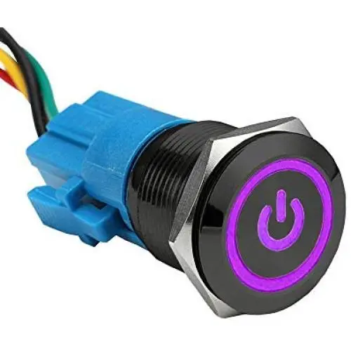 ESUPPORT Black 19mm 12V 5A Power Symbol Angel Eye Halo Car Purple LED Light Metal Push Button Toggle Switch Socket Plug Wire Waterproof