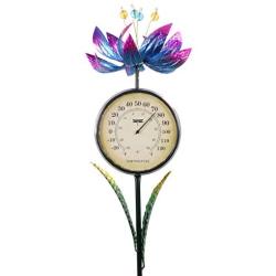 Exhart Solar Spinning Purple Lotus Flowers w/Solar Powered Thermometer LED Lights Garden Stake - Flower Stake Decorative Yard Décor – Durable, Metal & Plastic Stake for Outdoor Décor, 8.5”x8.5”x38”