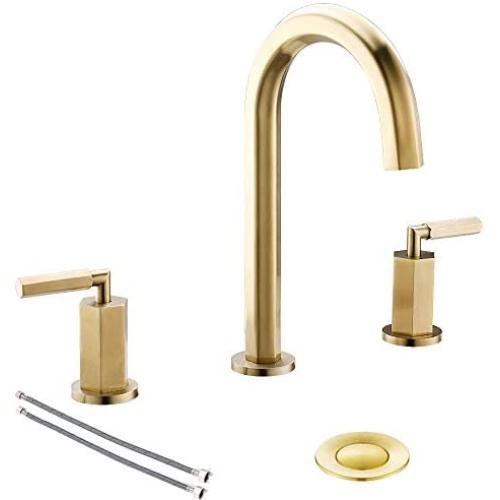 Brushed Gold 8 Inch 2 Handles 3 Holes Hexagonal Widespread Bathroom Faucet by Phiestina, Bathroom Sink Faucet with Stainless Steel Metal Pop Up Drain,NS-WF001-6-BG