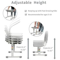 WXBOBO Kids Functional Desk and Chair Set, Height Adjustable Children School Study Desk with Tilt Desktop, Bookstand, LED Light, Metal Hook and Storage Drawer for Boys Girls (Gray)