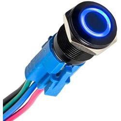 ESUPPORT 22mm 12V 5A Car Blue LED Light Angel Eye Metal Push Button Switch ON OFF Socket Plug Latching Black Shell