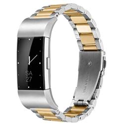 Shangpule Fitbit Charge 2 Wrist Band, Stainless Steel Metal Replacement Smart Watch Band Bracelet with Double Button Folding Clasp for Fitbit Charge 2 (Silver + Gold)