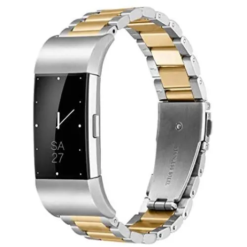 Shangpule Fitbit Charge 2 Wrist Band, Stainless Steel Metal Replacement Smart Watch Band Bracelet with Double Button Folding Clasp for Fitbit Charge 2 (Silver + Gold) Shangpule Fitbit Charge 2 Wrist Band, Stainless Steel Metal Replacement Smart Watch Band Bracelet with Double Button Folding Clasp for Fitbit Charge 2 (Silver + Gold)