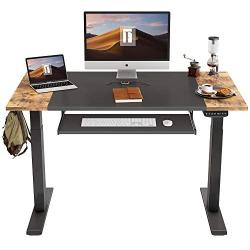 FEZIBO Dual Motor Height Adjustable Electric Standing Desk with Keyboard Tray, 48 x 24 Inch Sit Stand Table with Splice Board, Black Frame/Rustic Brown and Black Top