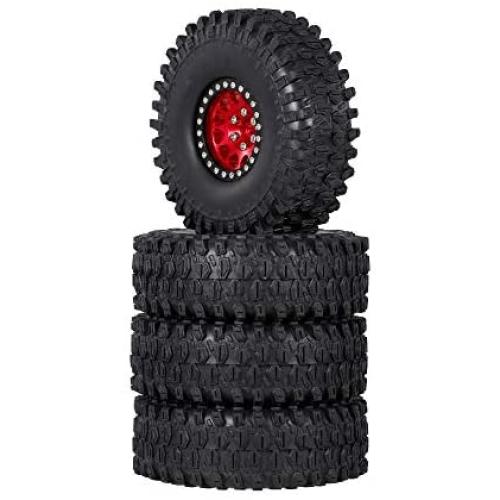 GoolRC 4PCS 1.9 Inch RC Crawler Rubber Tires with Metal Rim for 1/10 RC Rock Crawler Traxxas TRX-4 TRX-6 Axial Scx10 90046 RC4WD RC Car Parts (Red)