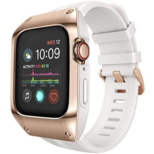 HATALKIN Compatible with Apple Watch Band Case 44mm Series 6/SE/5/4, Sport Liquid Silicone Bands & Metal/PC Cover for Apple Watch SE 44mm & iWatch Series 4/5/6 44mm (White/Rose Gold)