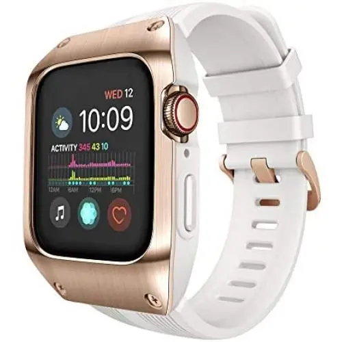 HATALKIN Compatible with Apple Watch Band Case 44mm Series 6/SE/5/4, Sport Liquid Silicone Bands & Metal/PC Cover for Apple Watch SE 44mm & iWatch Series 4/5/6 44mm (White/Rose Gold)
