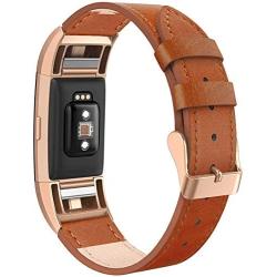 SWEES Bands Compatible for Fitbit Charge 2 Leather Small (5.6'' - 7.5''), Genuine Leather Replacement Wristband Metal Connectors Women, Black, Beige, Brown, Grey, Rose Gold, Blue