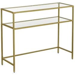 VASAGLE Console Table, Modern Sofa or Entryway Table, Tempered Glass Table, Metal Frame, 2 Shelves, Adjustable Feet, for Living Room, Hallway, Gold Color ULGT025A01