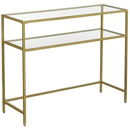 VASAGLE Console Table, Modern Sofa or Entryway Table, Tempered Glass Table, Metal Frame, 2 Shelves, Adjustable Feet, for Living Room, Hallway, Gold Color ULGT025A01