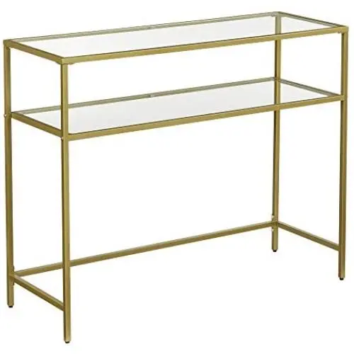 VASAGLE Console Table, Modern Sofa or Entryway Table, Tempered Glass Table, Metal Frame, 2 Shelves, Adjustable Feet, for Living Room, Hallway, Gold Color ULGT025A01 VASAGLE Console Table, Modern Sofa or Entryway Table, Tempered Glass Table, Metal Frame, 2 Shelves, Adjustable Feet, for Living Room, Hallway, Gold Color ULGT025A01