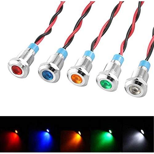 FICBOX 5Pcs 8mm 12V LED Indicator Light Metal Waterproof Signal Lamp Pilot Dash Dashboard Warning Lights for Motorcycle Car Truck Boat