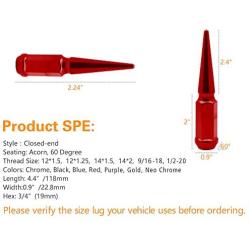 24pc Spike Lug Nut 14x2 Red 4.4'' Tall Offroad Extended Metal Lugs Premium, 1 Socket Key Included