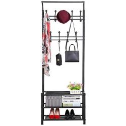 Yaheetech Hall Tree Metal Entryway 18 Hooks Coat Rack with 3-Tier Shoe Rack Bench Hat Umbrella Stand Hallway Organiser,Entryway Bench with Coat Rack Black