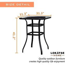 LOKATSE HOME Outdoor Bistro Bar Height Table Metal Frame Square Tempered Furniture Glass Top All Weather for Patio