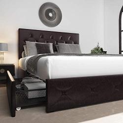 Allewie Queen Platform Bed Frame with 4 Drawers and Headboard/Diamond Stitched Button Tufted Upholstered Mattress Foundation with Storage, Brown