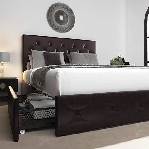 Allewie Queen Platform Bed Frame with 4 Drawers and Headboard/Diamond Stitched Button Tufted Upholstered Mattress Foundation with Storage, Brown Allewie Queen Platform Bed Frame with 4 Drawers and Headboard/Diamond Stitched Button Tufted Upholstered Mattress Foundation with Storage, Brown